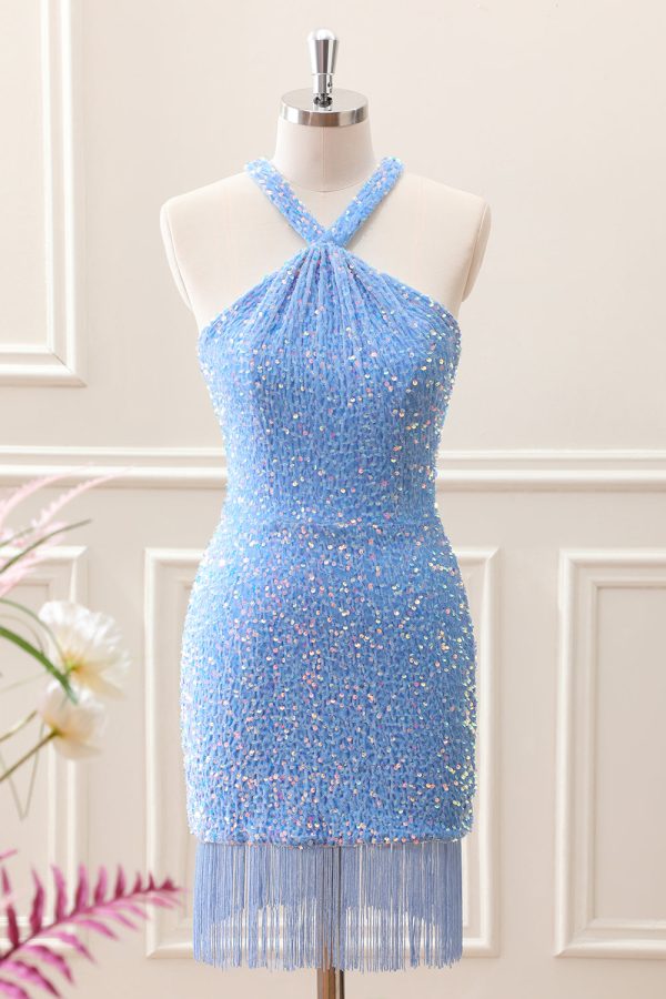 Sparkly Royal Blue Bodycon Halter Sequin Mini Dress with Tassel - Image 7