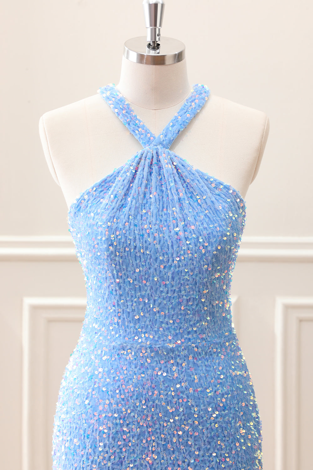 Sparkly Royal Blue Bodycon Halter Sequin Mini Dress with Tassel - Image 10