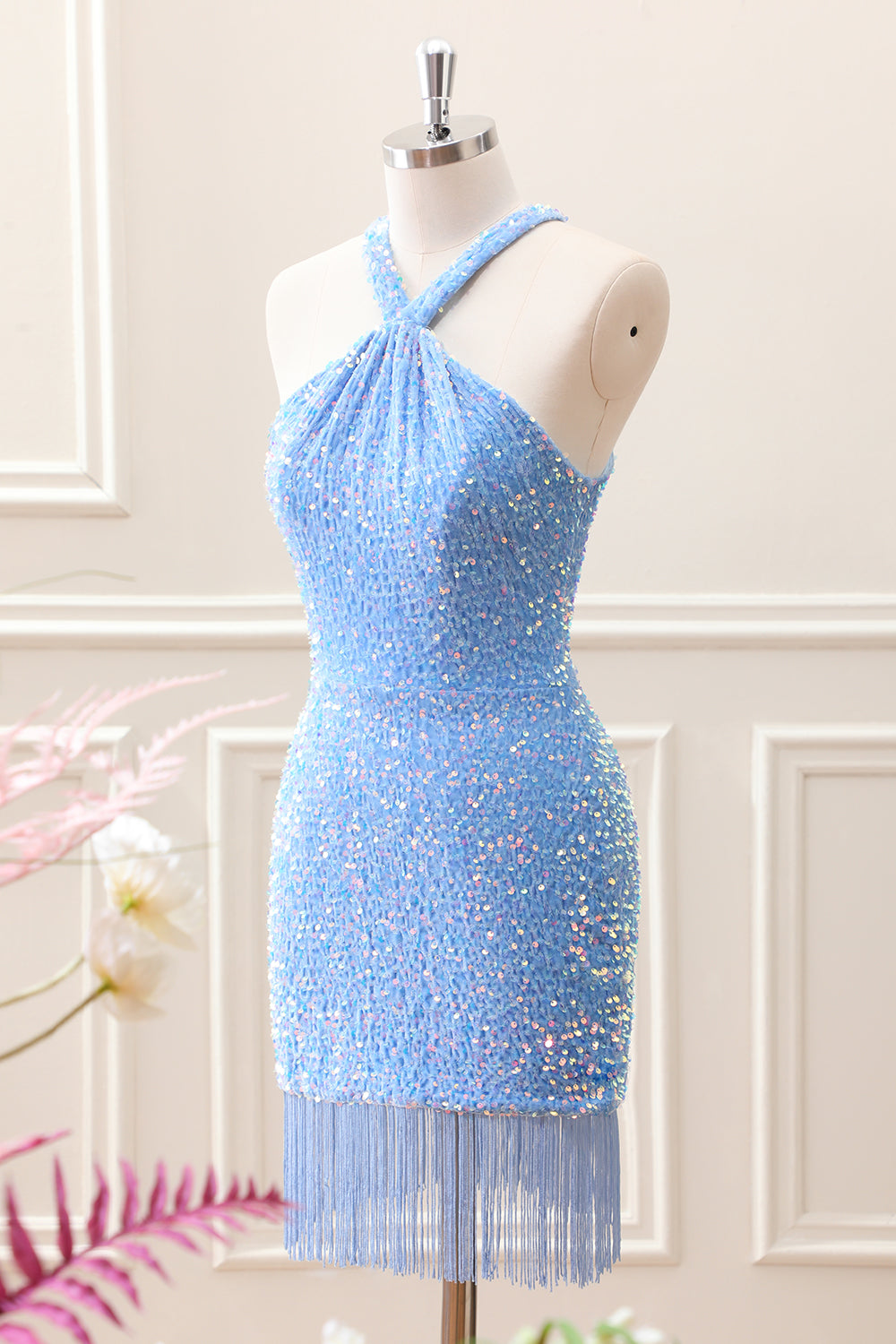 Sparkly Royal Blue Bodycon Halter Sequin Mini Dress with Tassel - Image 9