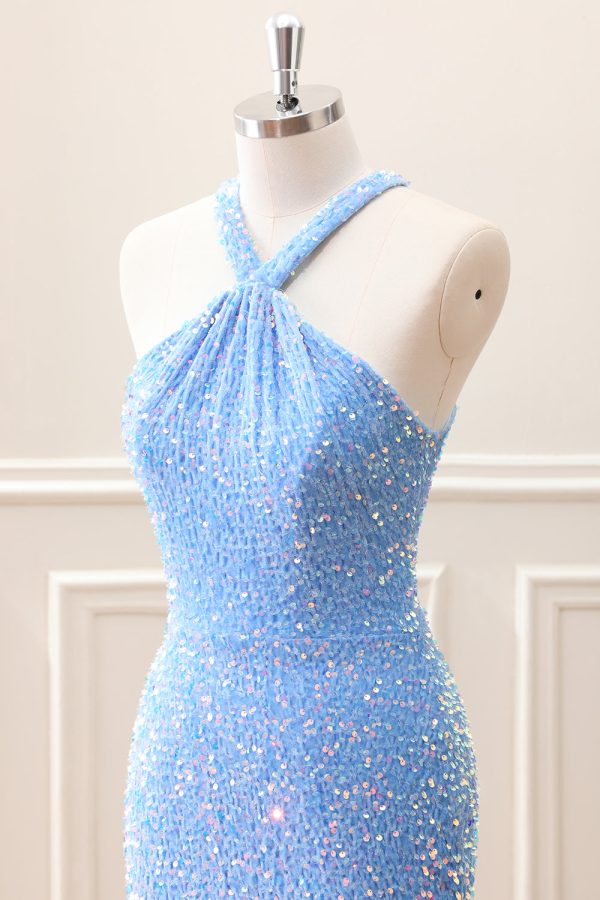 Sparkly Royal Blue Bodycon Halter Sequin Mini Dress with Tassel - Image 11