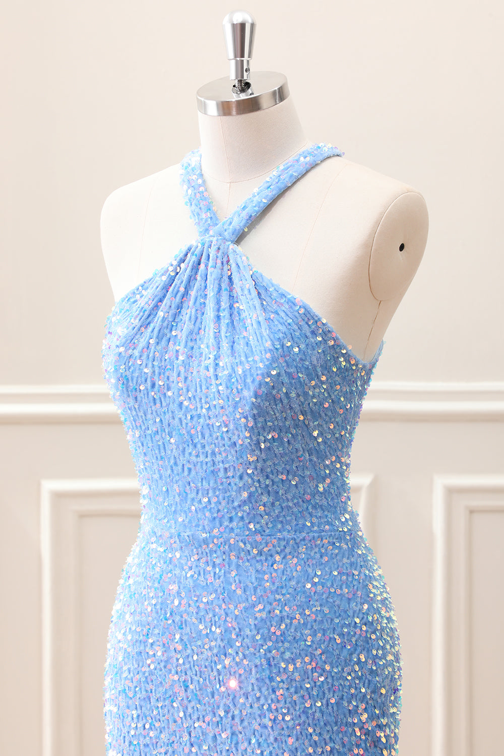 Sparkly Royal Blue Bodycon Halter Sequin Mini Dress with Tassel - Image 11