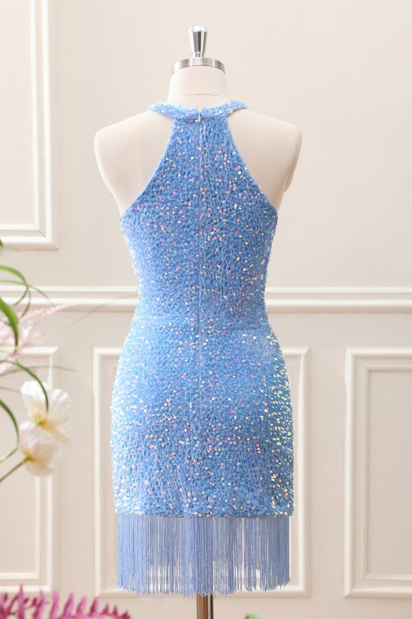 Sparkly Royal Blue Bodycon Halter Sequin Mini Dress with Tassel - Image 8