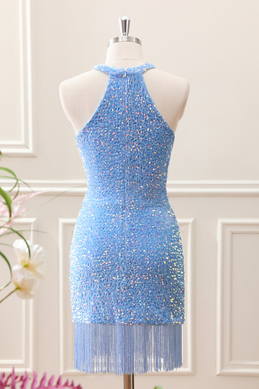 Sparkly Royal Blue Bodycon Halter Sequin Mini Dress with Tassel - Image 8