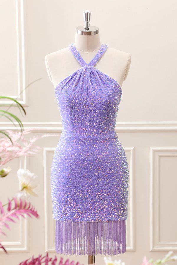 Sparkly Royal Blue Bodycon Halter Sequin Mini Dress with Tassel - Image 12