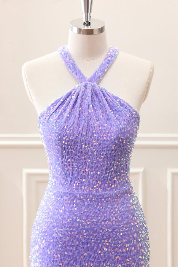 Sparkly Royal Blue Bodycon Halter Sequin Mini Dress with Tassel - Image 15