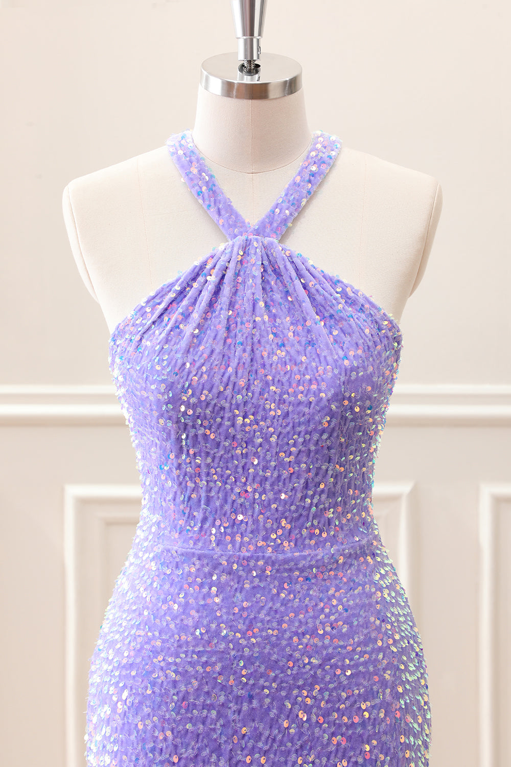 Sparkly Royal Blue Bodycon Halter Sequin Mini Dress with Tassel - Image 15