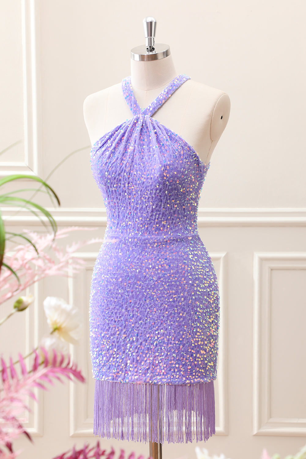 Sparkly Royal Blue Bodycon Halter Sequin Mini Dress with Tassel - Image 14
