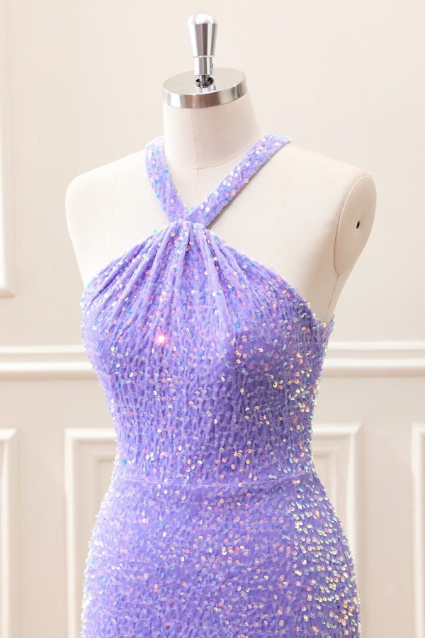 Sparkly Royal Blue Bodycon Halter Sequin Mini Dress with Tassel - Image 16