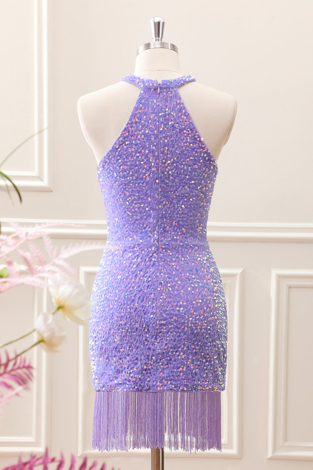 Sparkly Royal Blue Bodycon Halter Sequin Mini Dress with Tassel - Image 13