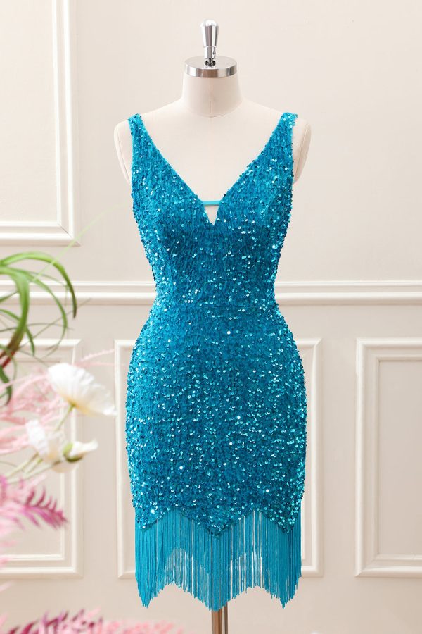 Sparkly Sage Bodycon V Neck Sequin Mini Dress with Tassel - Image 6