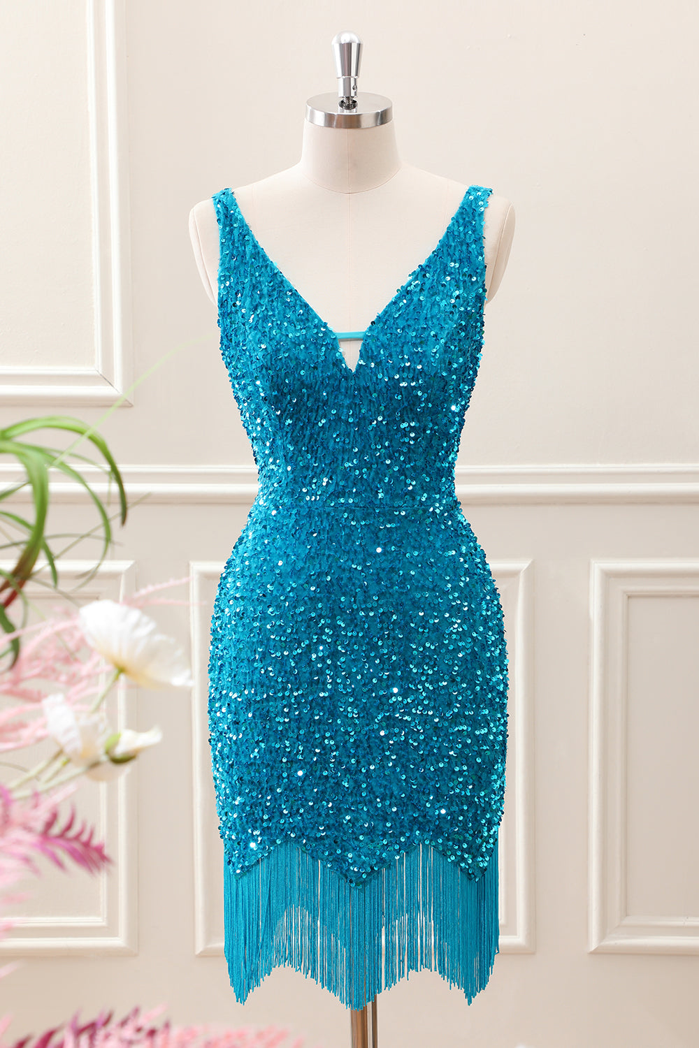 Sparkly Sage Bodycon V Neck Sequin Mini Dress with Tassel - Image 6