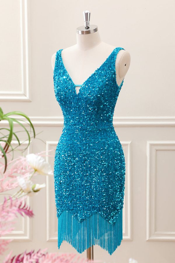 Sparkly Sage Bodycon V Neck Sequin Mini Dress with Tassel - Image 8
