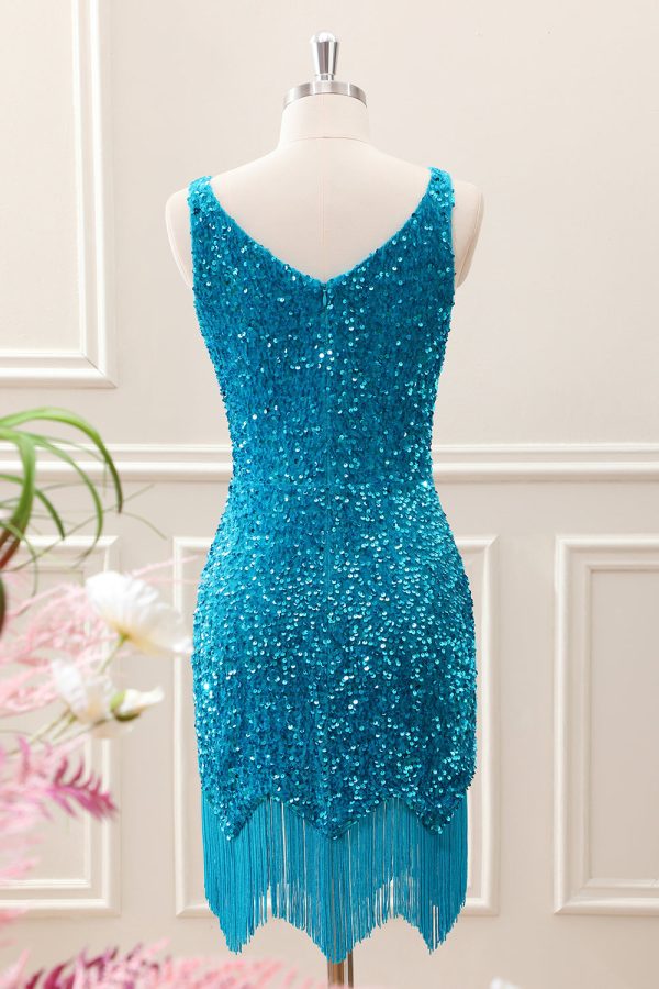 Sparkly Sage Bodycon V Neck Sequin Mini Dress with Tassel - Image 7