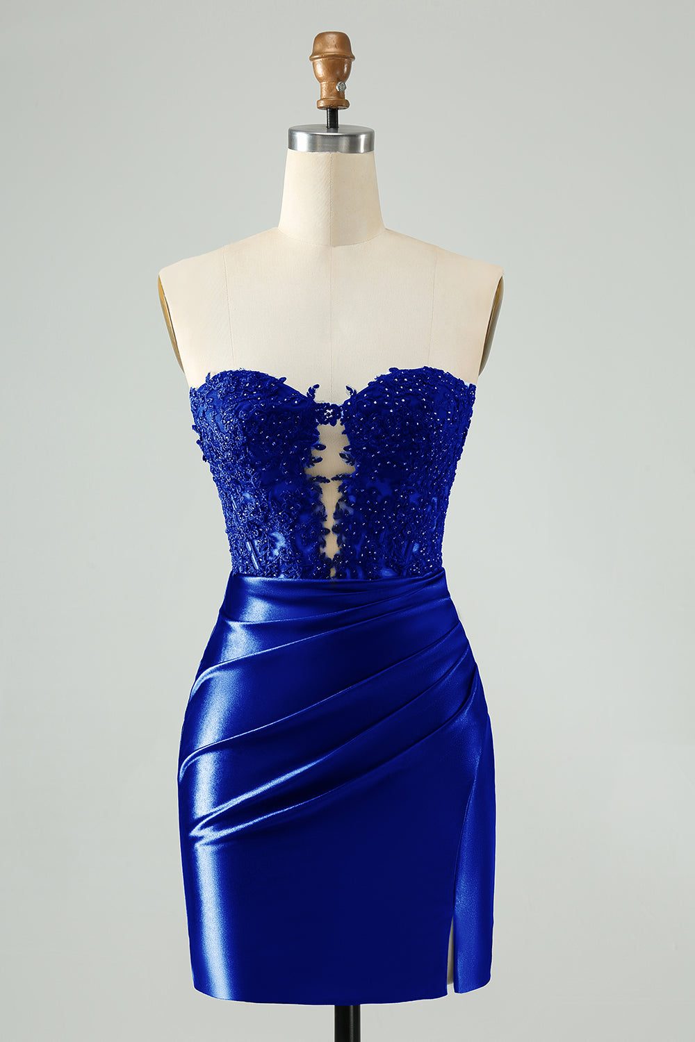 Sparkly Royal Blue Bodycon Strapless Hollow Out Mini Dress with Lace - Image 1