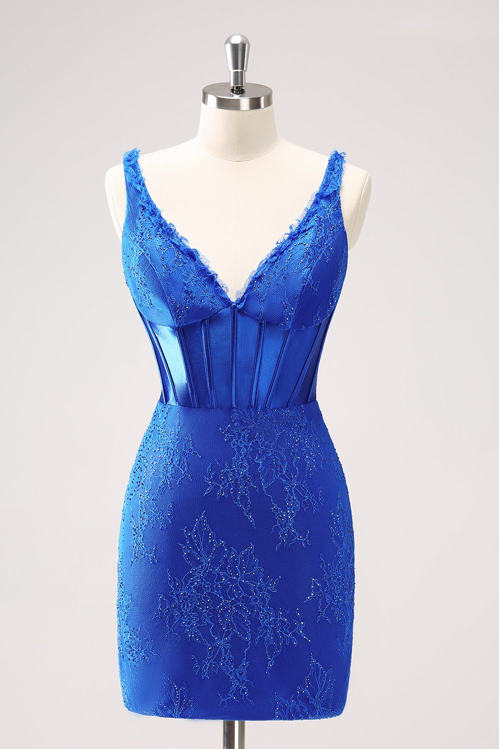 Sparkly Royal Blue Corset Beaded Lace Appliques Tight Mini Dress - Image 1