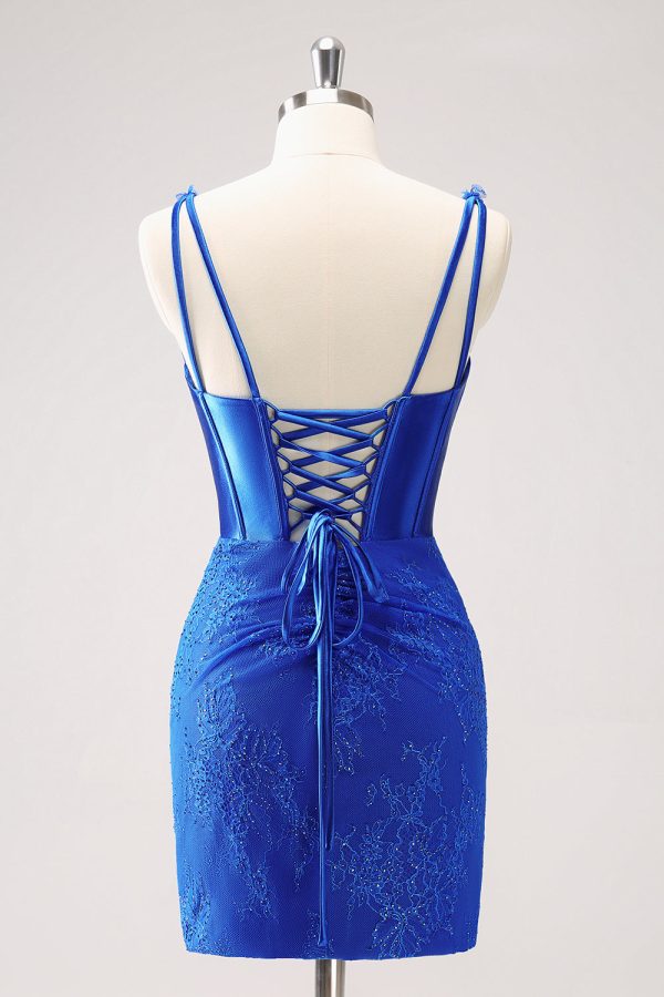 Sparkly Royal Blue Corset Beaded Lace Appliques Tight Mini Dress - Image 2