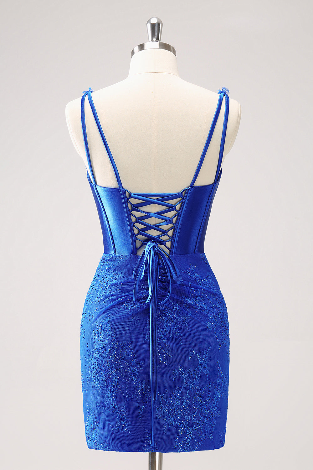 Sparkly Royal Blue Corset Beaded Lace Appliques Tight Mini Dress - Image 2