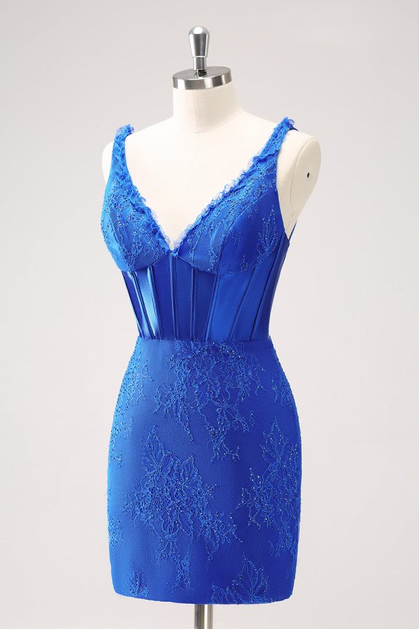 Sparkly Royal Blue Corset Beaded Lace Appliques Tight Mini Dress - Image 3