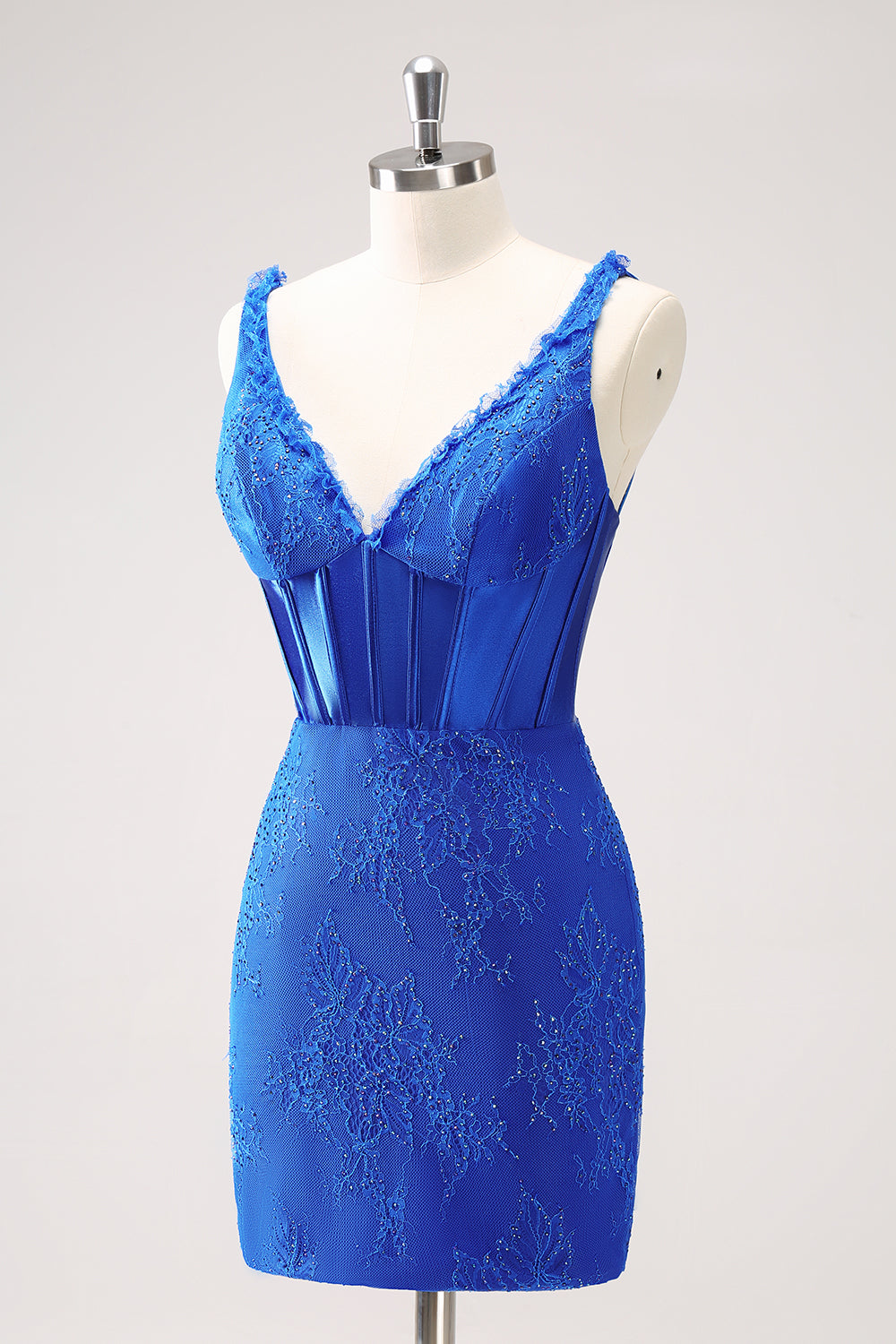 Sparkly Royal Blue Corset Beaded Lace Appliques Tight Mini Dress - Image 3
