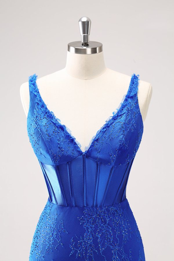 Sparkly Royal Blue Corset Beaded Lace Appliques Tight Mini Dress - Image 4