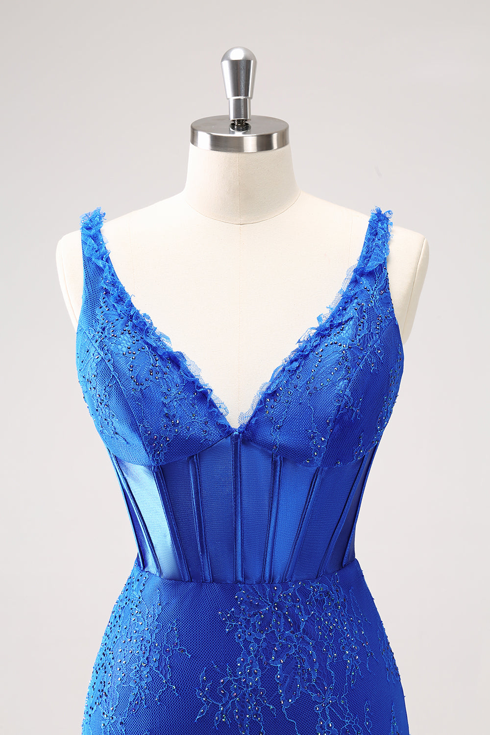 Sparkly Royal Blue Corset Beaded Lace Appliques Tight Mini Dress - Image 4