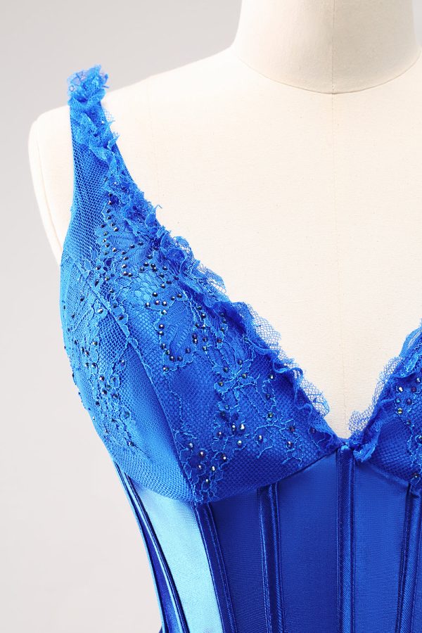 Sparkly Royal Blue Corset Beaded Lace Appliques Tight Mini Dress - Image 7