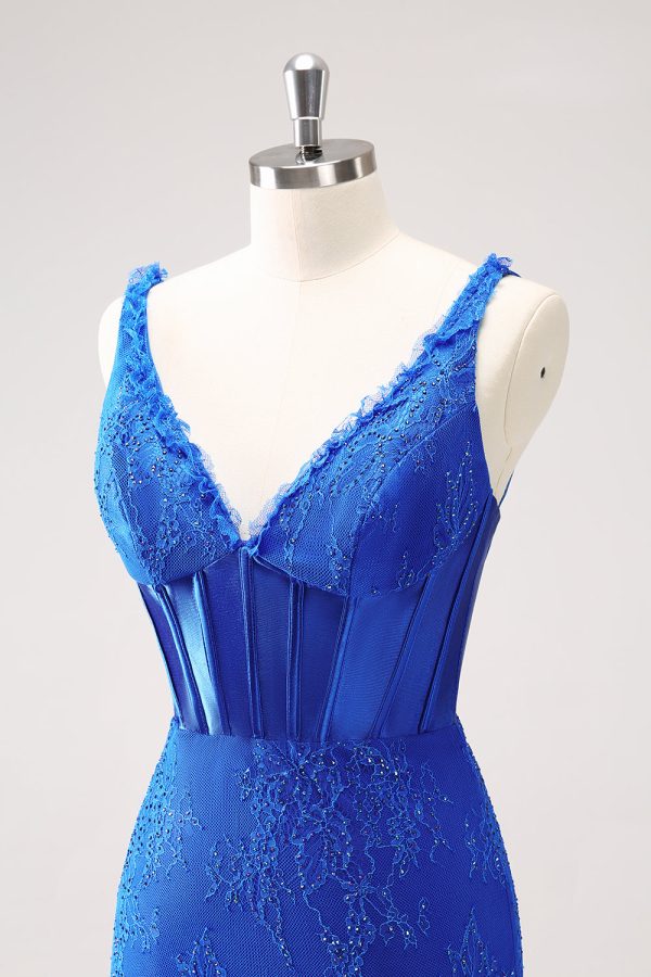 Sparkly Royal Blue Corset Beaded Lace Appliques Tight Mini Dress - Image 6