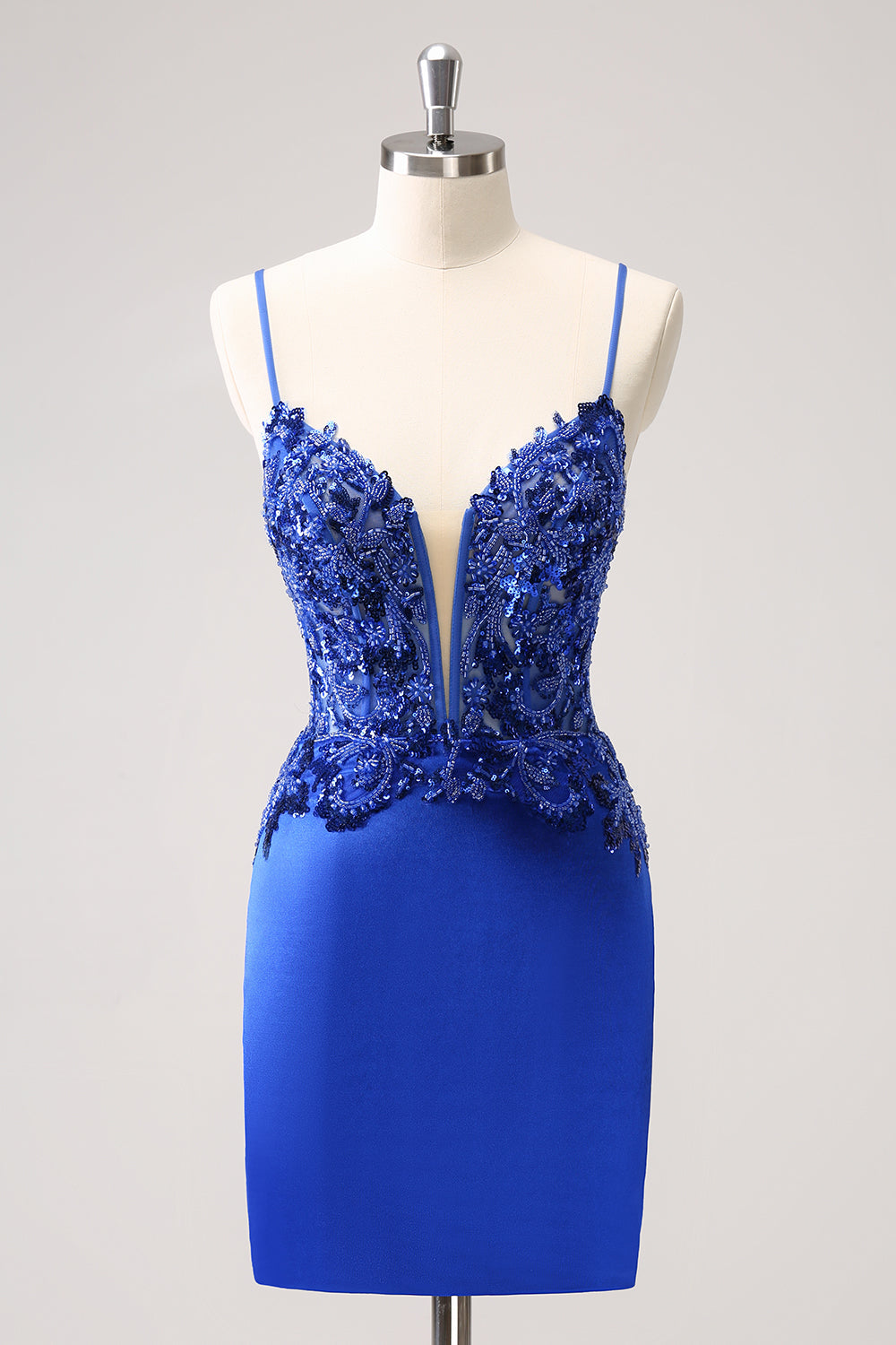 Sparkly Royal Blue Sequin Tight Mini Dress With Lace Up Back - Image 1