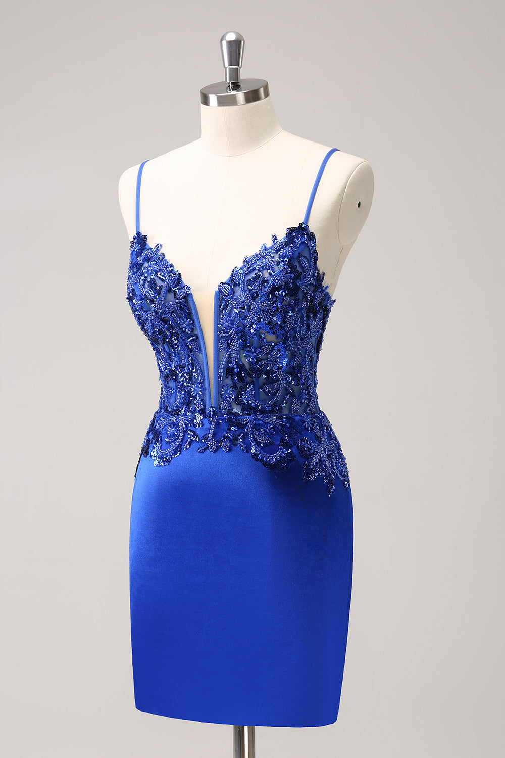 Sparkly Royal Blue Sequin Tight Mini Dress With Lace Up Back - Image 3