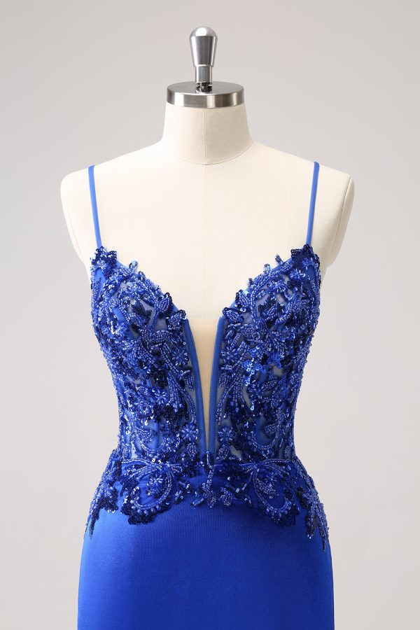 Sparkly Royal Blue Sequin Tight Mini Dress With Lace Up Back - Image 4