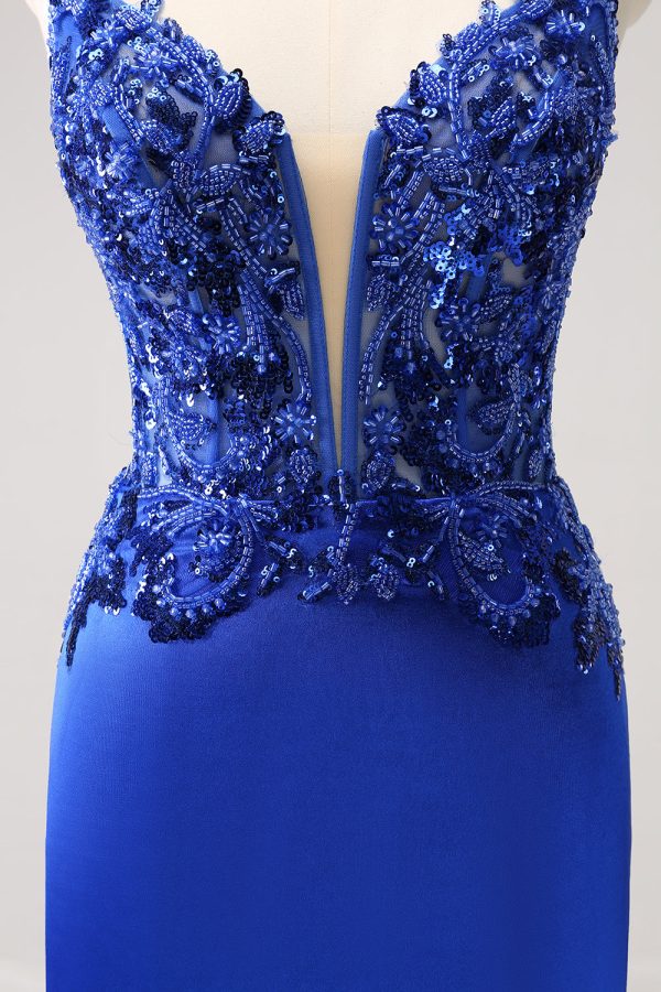 Sparkly Royal Blue Sequin Tight Mini Dress With Lace Up Back - Image 7