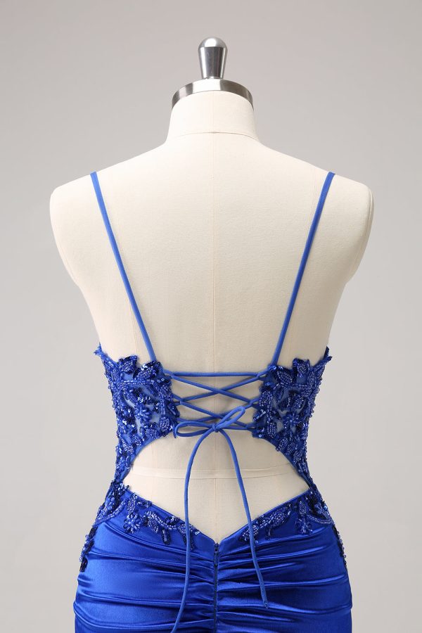 Sparkly Royal Blue Sequin Tight Mini Dress With Lace Up Back - Image 5