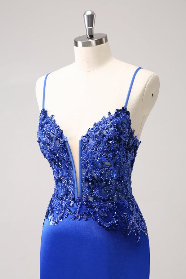 Sparkly Royal Blue Sequin Tight Mini Dress With Lace Up Back - Image 6