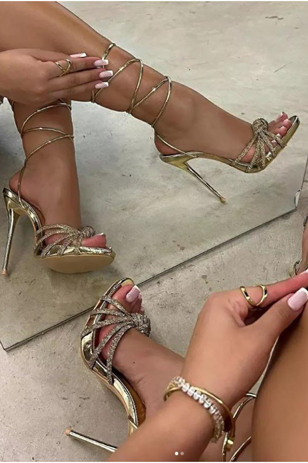 Sparkly Silver Beaded Ankle-Straps Stiletto Heels Sandals - Image 2