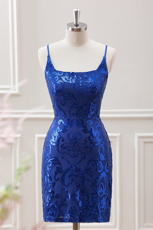 Sparkly Royal Blue Bodycon Square Neck Mini Dress with Lace up Back