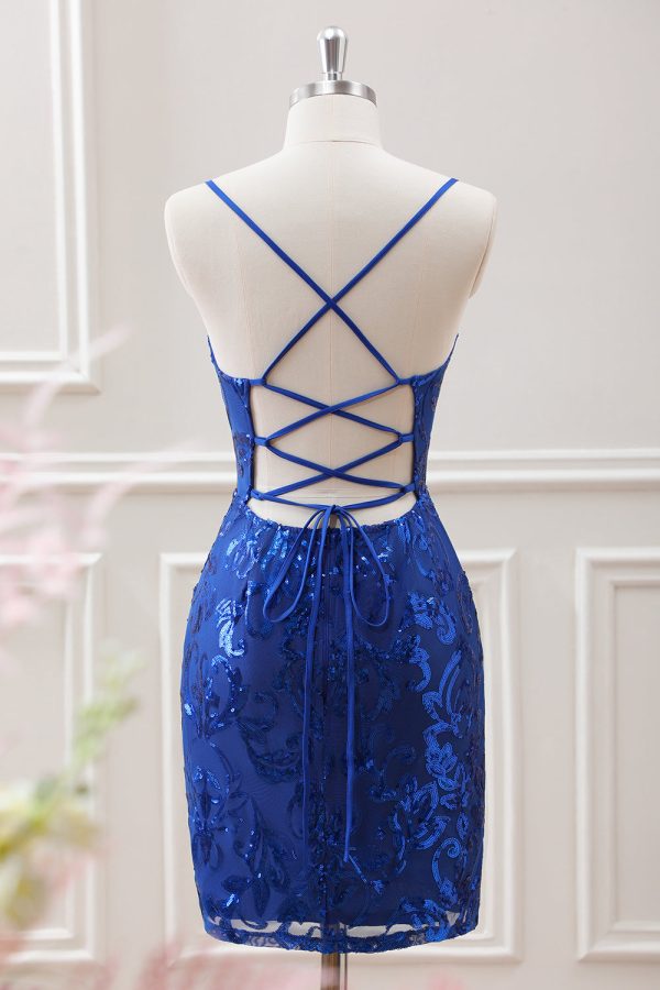 Sparkly Royal Blue Bodycon Square Neck Mini Dress with Lace up Back - Image 2