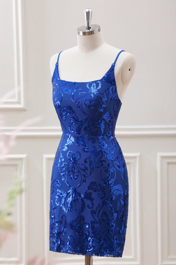 Sparkly Royal Blue Bodycon Square Neck Mini Dress with Lace up Back - Image 3