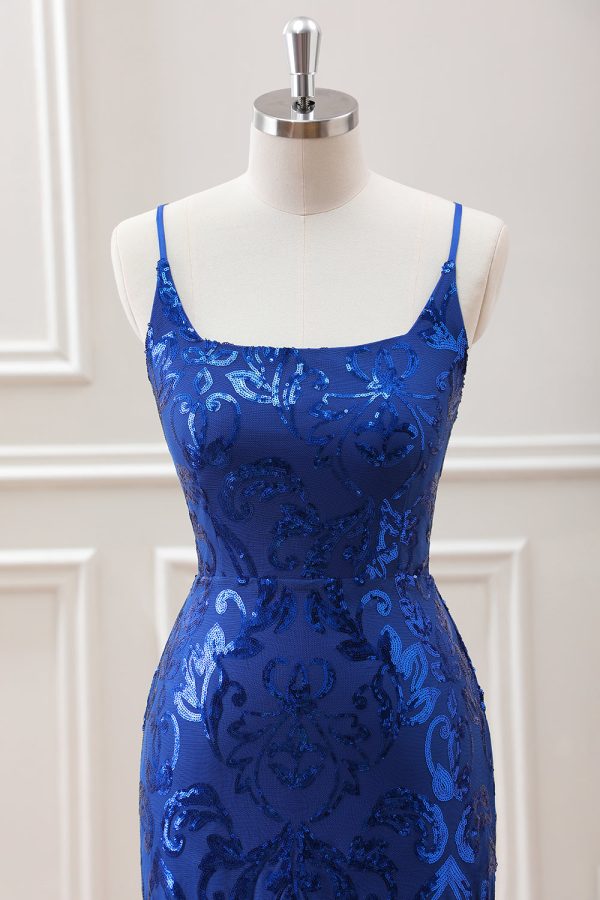 Sparkly Royal Blue Bodycon Square Neck Mini Dress with Lace up Back - Image 4