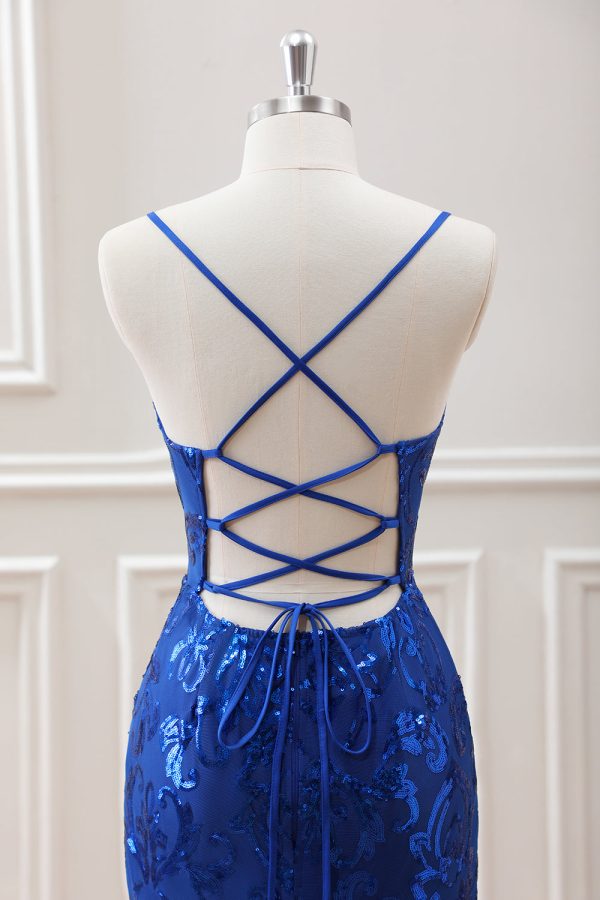 Sparkly Royal Blue Bodycon Square Neck Mini Dress with Lace up Back - Image 5