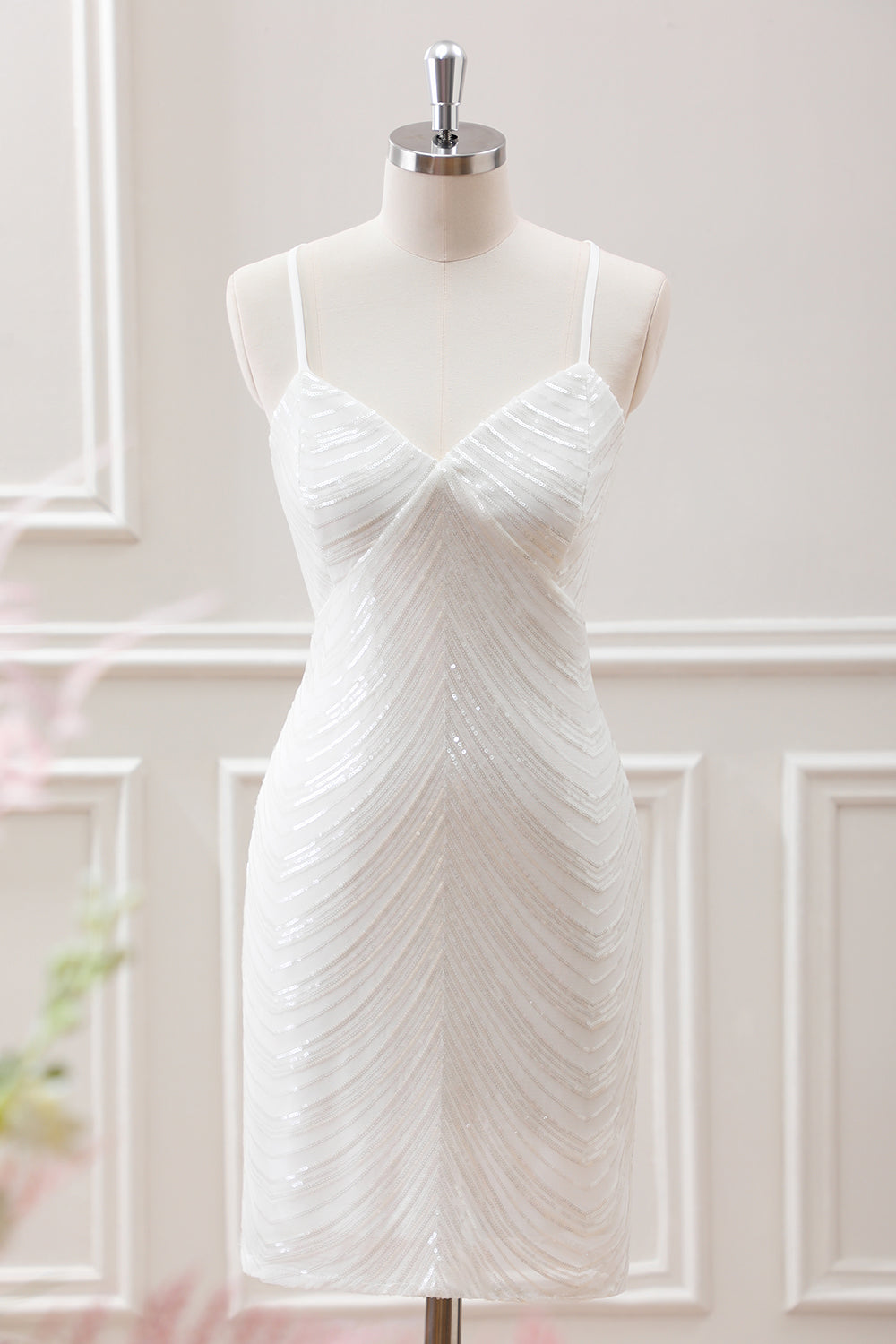 Sparkly White Sequined Spaghetti Straps Criss Cross Back Bodycon Mini Dress - Image 1