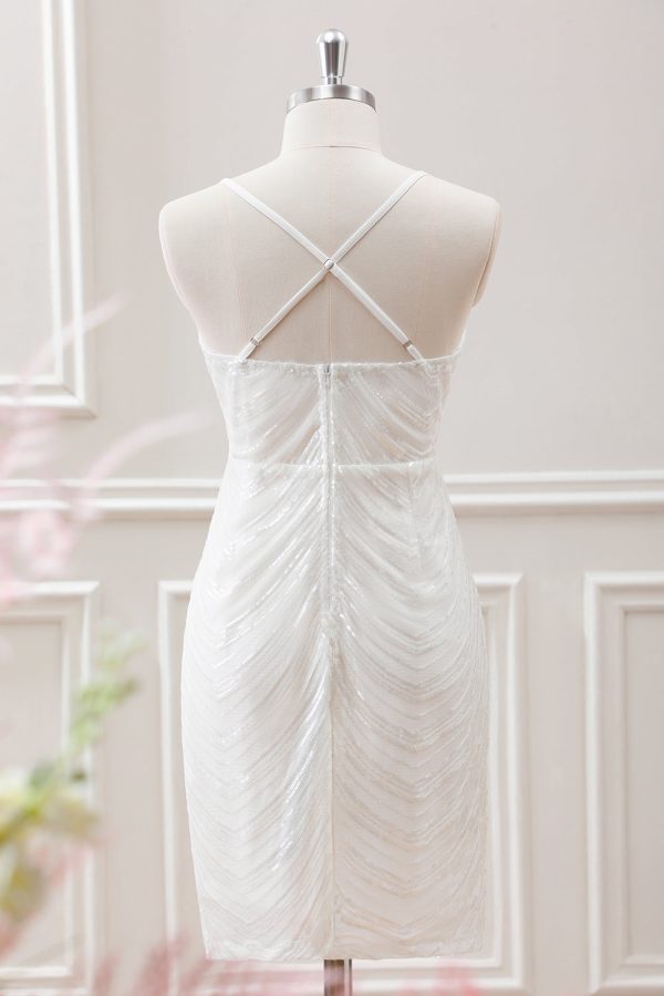 Sparkly White Sequined Spaghetti Straps Criss Cross Back Bodycon Mini Dress - Image 2