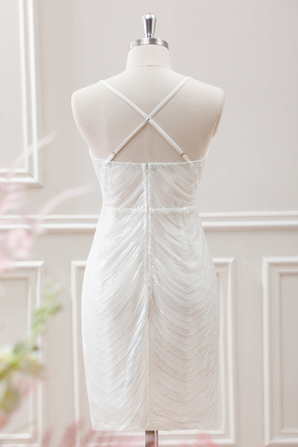 Sparkly White Sequined Spaghetti Straps Criss Cross Back Bodycon Mini Dress - Image 2