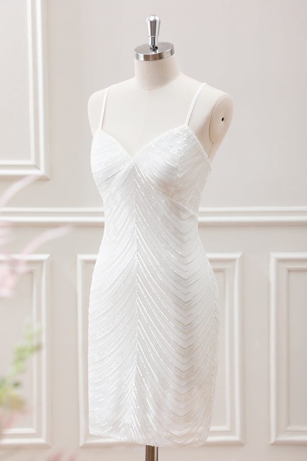 Sparkly White Sequined Spaghetti Straps Criss Cross Back Bodycon Mini Dress - Image 3