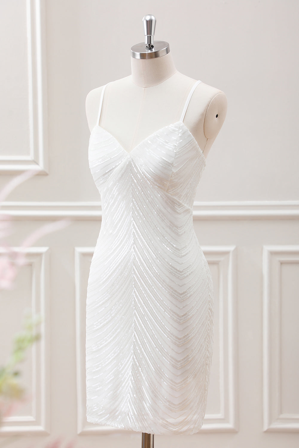 Sparkly White Sequined Spaghetti Straps Criss Cross Back Bodycon Mini Dress - Image 3