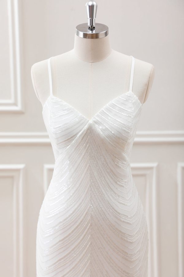 Sparkly White Sequined Spaghetti Straps Criss Cross Back Bodycon Mini Dress - Image 4