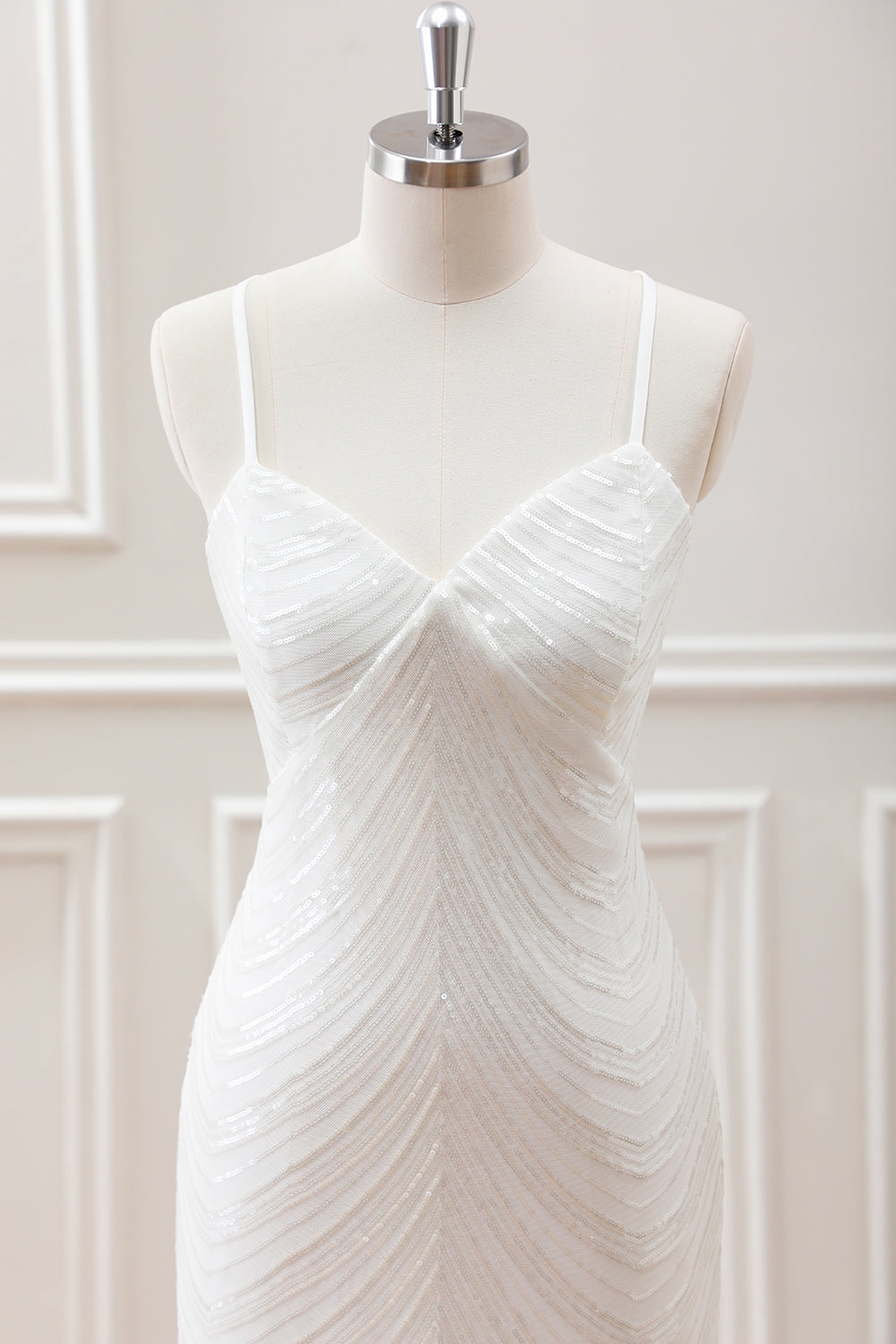 Sparkly White Sequined Spaghetti Straps Criss Cross Back Bodycon Mini Dress - Image 4