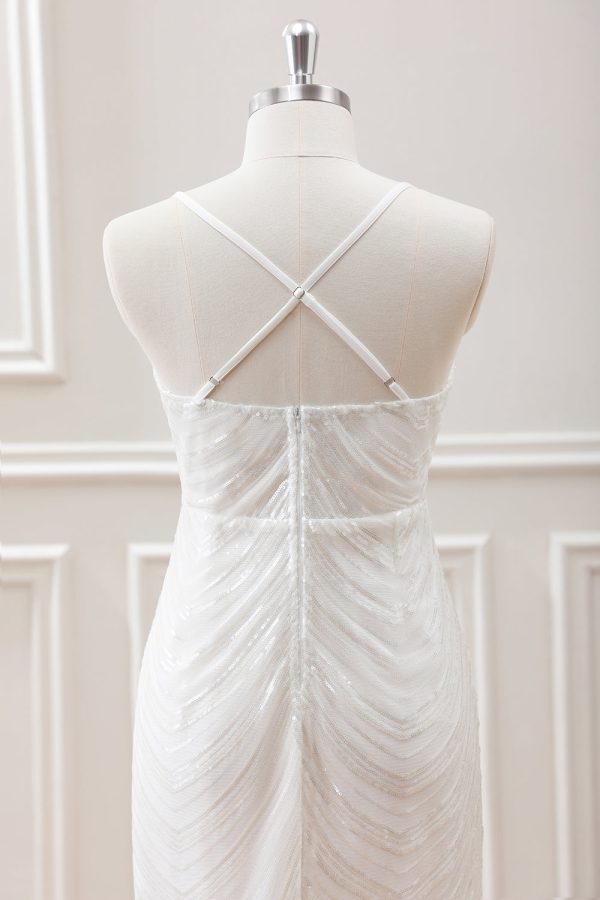 Sparkly White Sequined Spaghetti Straps Criss Cross Back Bodycon Mini Dress - Image 5