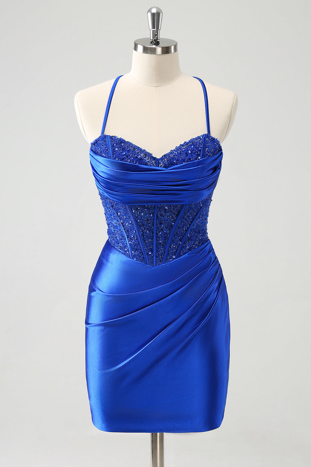 Sparkly Royal Blue Tight Corset Mini Dress with Lace Up Back - Image 1