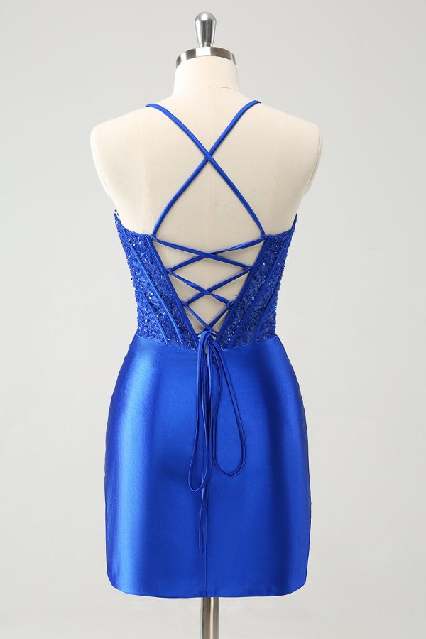 Sparkly Royal Blue Tight Corset Mini Dress with Lace Up Back - Image 2