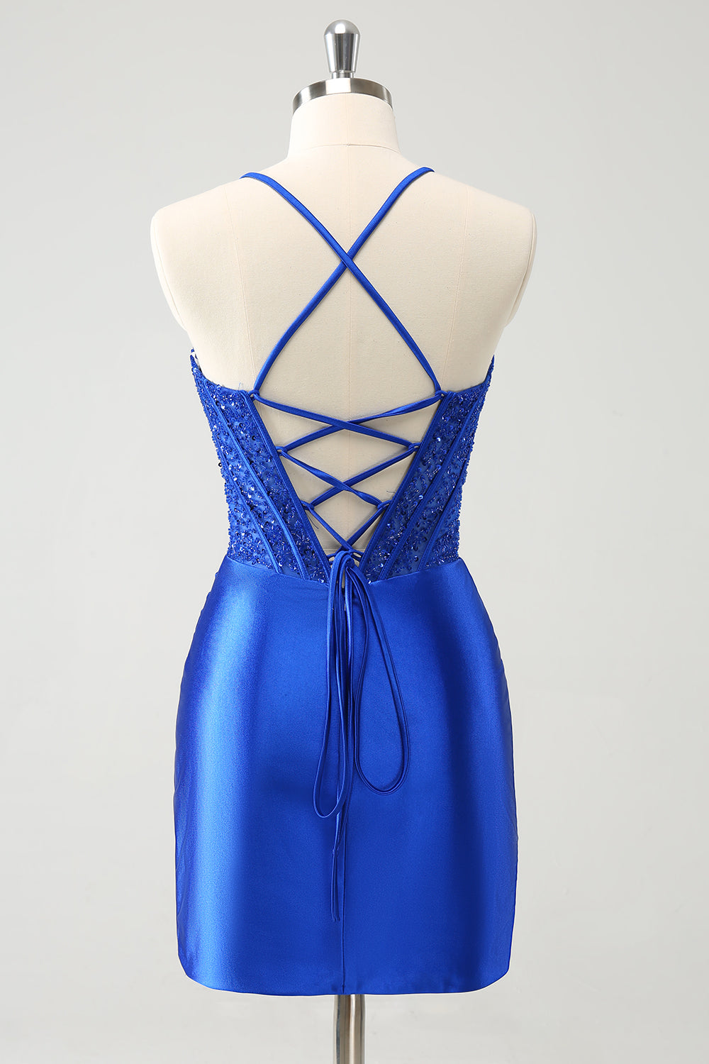 Sparkly Royal Blue Tight Corset Mini Dress with Lace Up Back - Image 2